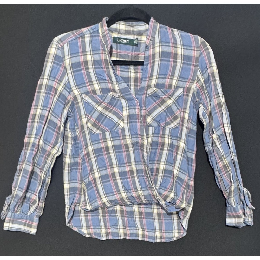 Lauren Ralph Lauren plaid long-sleeve blouse with V-neck and twist-front size S